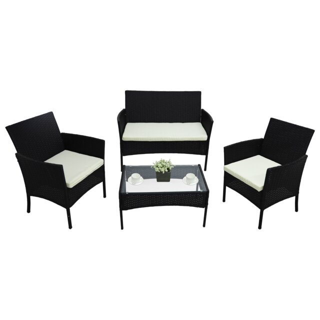 Alivio 4 Piece Rattan Sofa Set Patio Furniture with Coffee Table Weather Resistant UV Protected Cushions for Indoor Outdoor Use Black 1