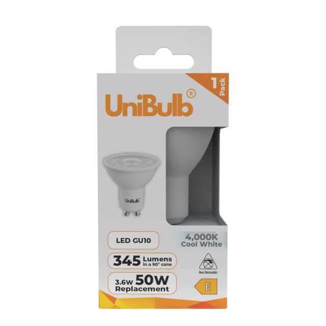 UniBulb LED GU10 345lm 3.6W (Replaces 50W) 3000K (Warm White) Spotlight Downlight Light Bulb - Pack of 1 White Warm White 1