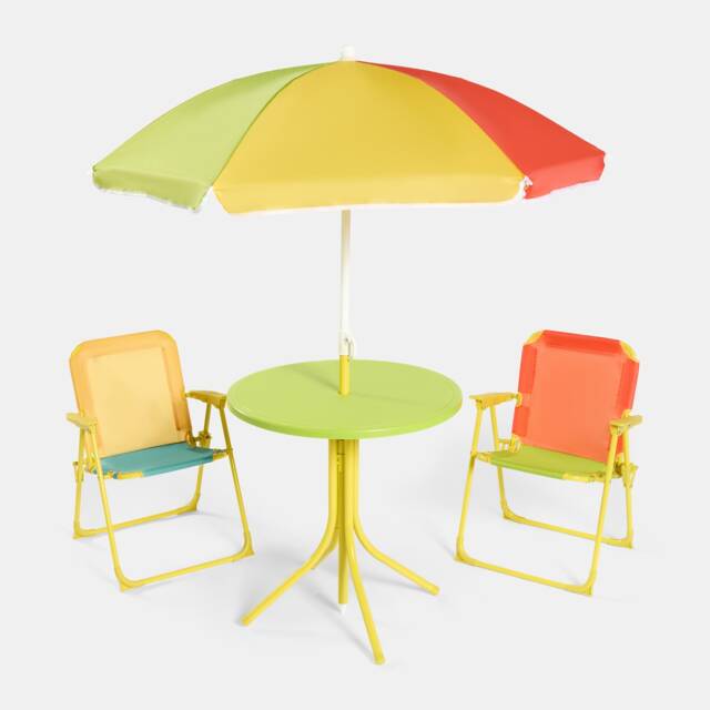 OHS Kids Folding Bistro Set Table Chair Seat with Parasol Garden Patio Multi