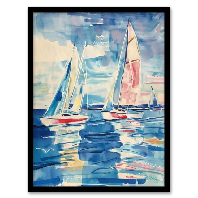 Sailboats At Sea Oil Nautical Seascape Bathroom Black Framed Wall Art Print A4
