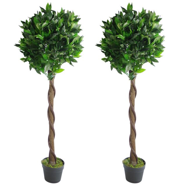 Pair of 120cm (4ft) Twisted Stem Artificial Topiary Bay Laurel Ball Trees Green 4ft