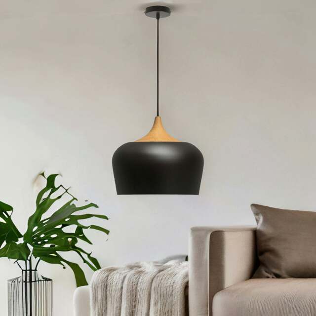 Industrial Metal Wooden Effect Ceiling Light Pendant Shade Black Black