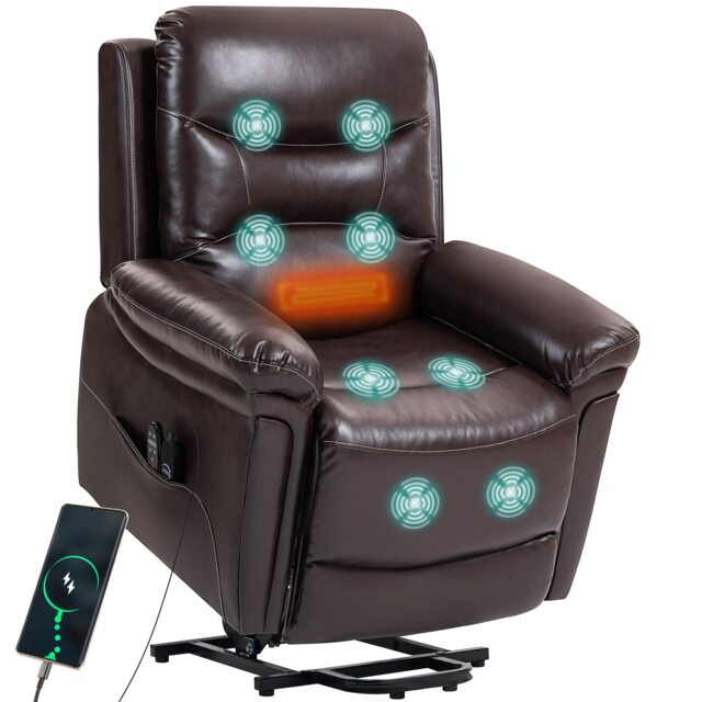 HOMCOM Massage Recliner Chair, Lift Chair with Heat, USB, Remote, Brown Brown Brown