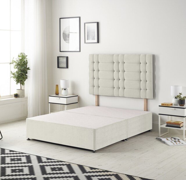 Astoria Divan Bed Base with 30 Inch Diamonte Button Headboard Plush Velvet Cream Ivory King