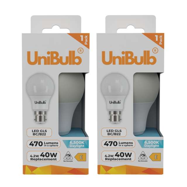 UniBulb LED GLS B22 Bayonet Cap (BC) 470lm 4.2W (Replaces 40W) 6500K (Daylight) Light Bulb - Pack of 2