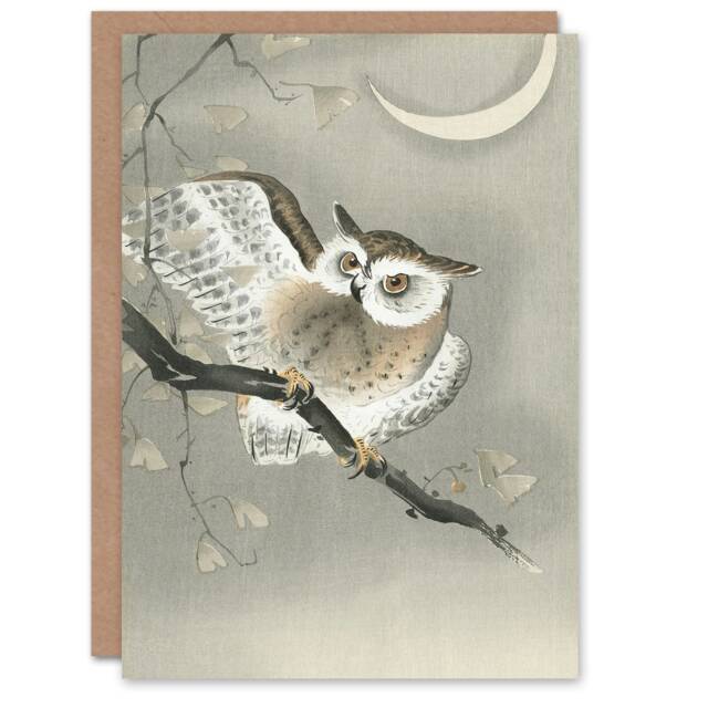 Ohara Koson Art Card Long Eared Owl And Moon Ukiyo-e