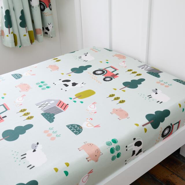 Happy Linen Company Barn Yard Farm Animals Fitted Sheet Bedsheet Bedding Bed Linen Green Single