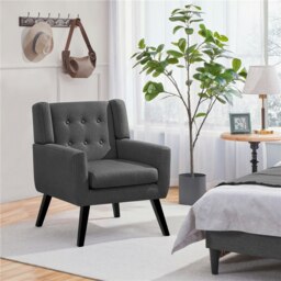 Yaheetech Linen Fabric Accent Chair with Wood Legs Removable Cushion Grey Dark Gray