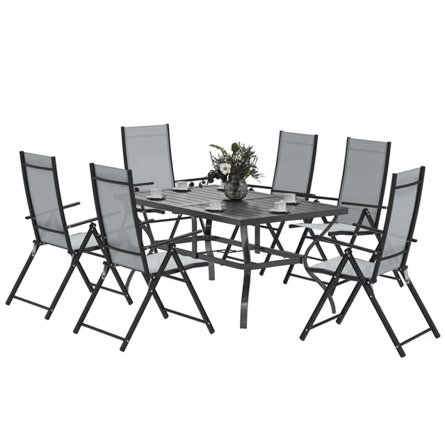 Outsunny 7 Pieces Garden Dining Set, 6 Seater Garden Furniture Set with Parasol Hole, Outdoor Dining Set with High Back Folding Chairs and Square Metal Top Table for Outdoor Patio, Grey Grey 1