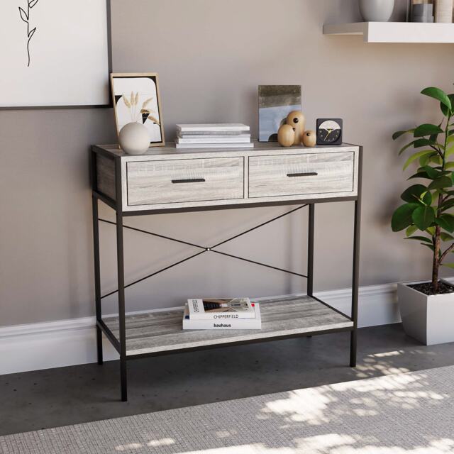 Vida Designs Brooklyn 2 Drawer Console Table With Shelf, Grey