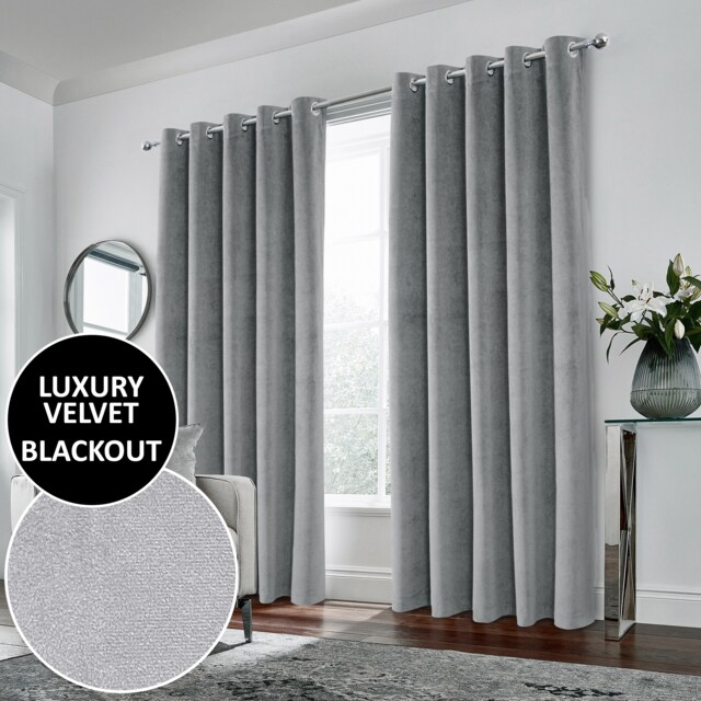 Luxury Enhanced Living Grey Velvet, Supersoft, Blackout, Thermal Pair of Curtains with Eyelet Top - 90 x 90 inch (229x229cm)
