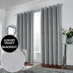 Luxury Enhanced Living Grey Velvet, Supersoft, Blackout, Thermal Pair of Curtains with Eyelet Top - 90 x 90 inch (229x229cm)