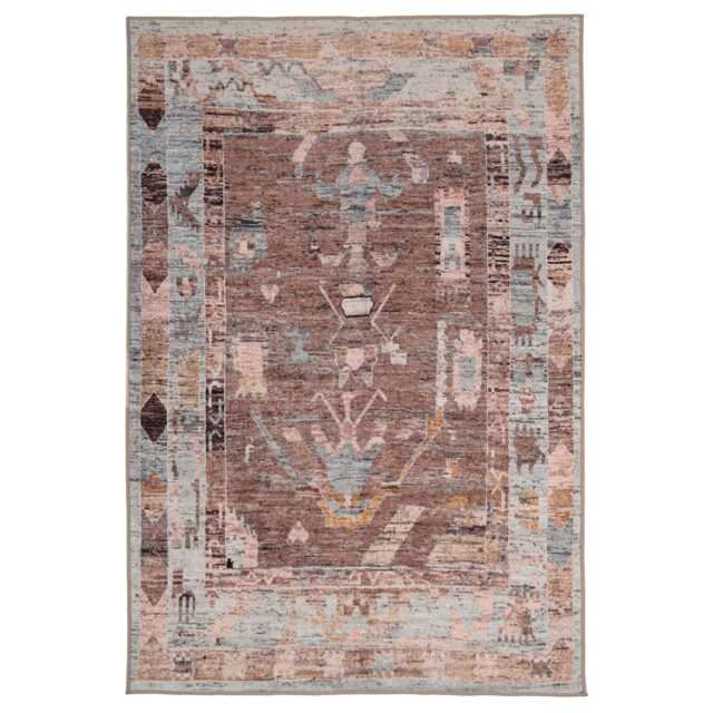 Tribal Design Cotton Chenille Rug Brown Blue Machine Washable 240cm x 330cm