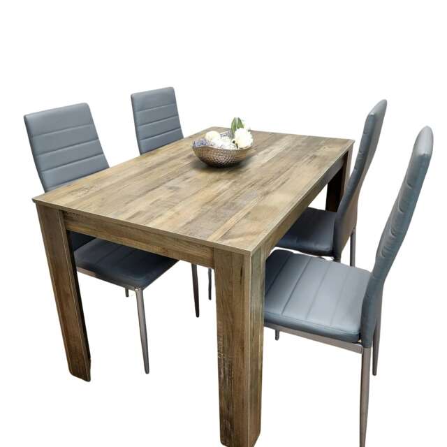 Dining Table and 4 Chairs Rustic Effect Wood Table 4 Grey Leather Chairs Dining Room Brown 5