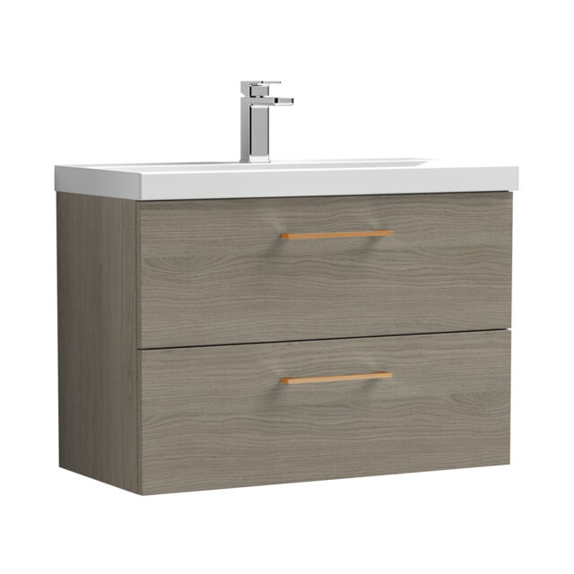 Balterley Wall Hung Bathroom 2 Drawer Vanity Unit and 1 Tap Hole Ceramic Basin, Woodgrain Mid Oak with Handles Brown