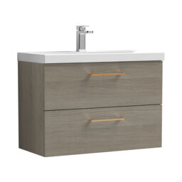 Balterley Wall Hung Bathroom 2 Drawer Vanity Unit and 1 Tap Hole Ceramic Basin, Woodgrain Mid Oak with Handles Brown