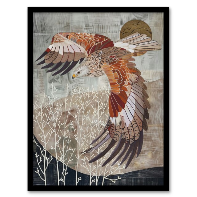 Red Kite Flight Stylised Animal Living Room Black Framed Wall Art Print A4