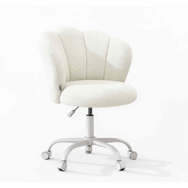 Adjustable Teddy Fleece Makeup Chair, Swivel Office Chair with Petal Backrest, Cream White