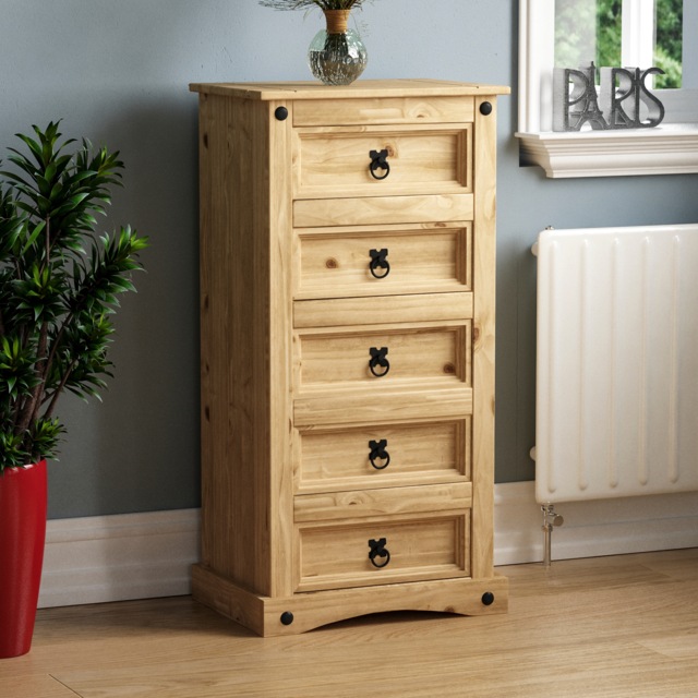 Vida Designs Corona 5 Drawer Narrow Chest of Drawers Bedroom Storage, Solid Pine Wood