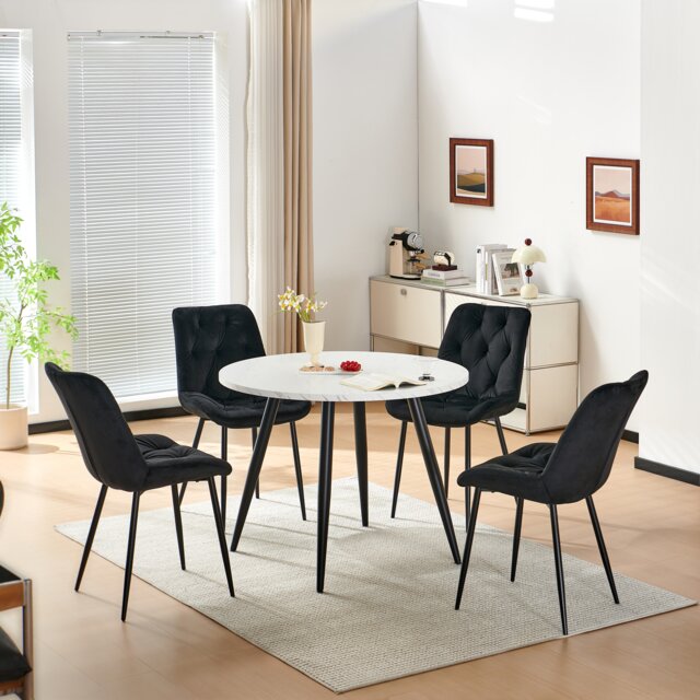 SONARA White Marble Round Dining Table and 4 Velvet Chairs Set Modern 4 Seater for Dining Room