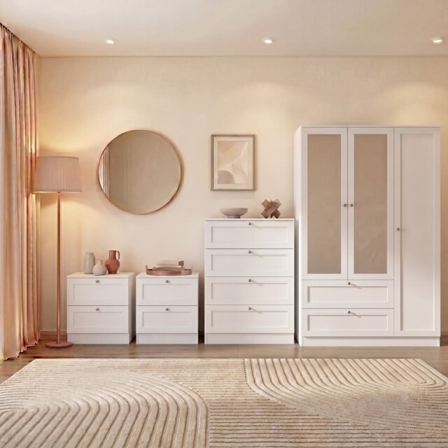 Vida Designs Altino 4 Piece Bedroom Set (2x 2 Drawer Bedside, 4 Drawer Chest, 3 Door 2 Drawer Mirrored Wardrobe), White