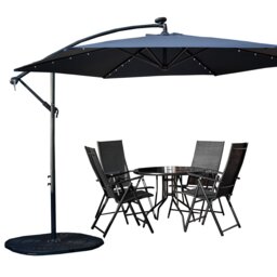 Outdoor 4 Person Round Glass Top Garden Dining Table Chairs With Blue Banana Lit Parasol and Base Set
