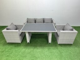 Fimous Patio Garden Furniture Sets with Black Glass Top Dining Table Armchair 3 Seater Sofa Light Grey