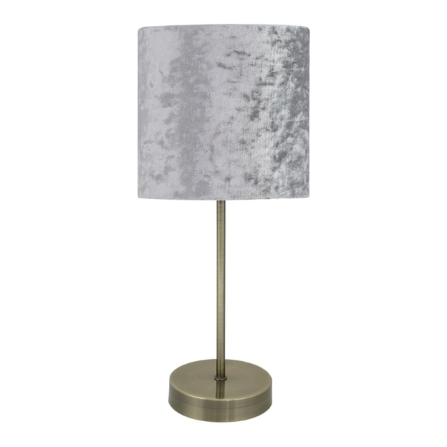 Antique Brass Stick Table Lamp with Grey Crushed Velvet Shade