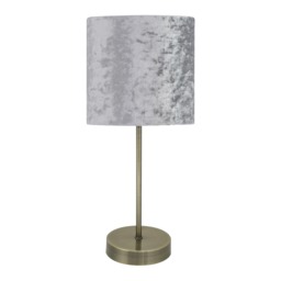 Antique Brass Stick Table Lamp with Grey Crushed Velvet Shade