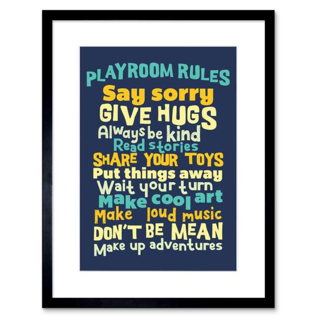 "Kids Playroom Rules Fun List Blue Orange 9x7"" Black Framed Wall Art Print"