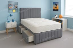 Grey Plush 5ft Kingsize Divan Bed Set Headboard & Footboard - 2 Drawers Left Side Laying in Bed