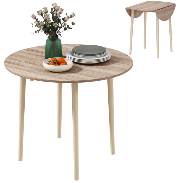 HOMCOM Foldable Dining Table, Round Drop Leaf Table, Wood Legs, Natural