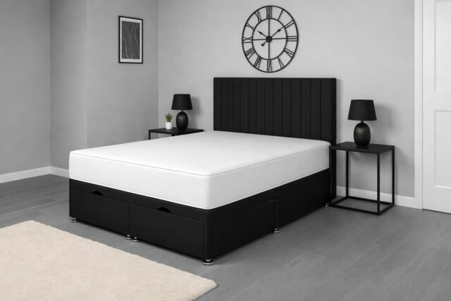 Apollo Black Plush Velvet Ottoman Foot Lift 4ft6 Double Bed Headboard and Mattress Set