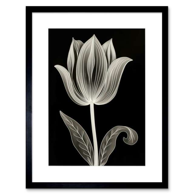 "A Single Tulip Flower Black White Folk Art 9x7"" Black Framed Wall Art Print"