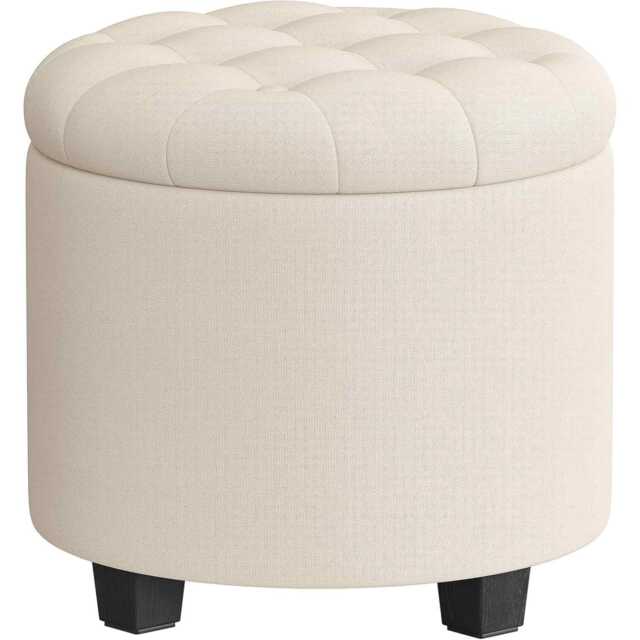 Round Ottoman Storage Stool with Legs, Linen Look Foot Rest for Bedroom and Living Room, Light Beige