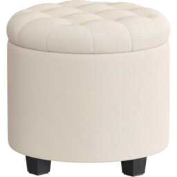 Round Ottoman Storage Stool with Legs, Linen Look Foot Rest for Bedroom and Living Room, Light Beige