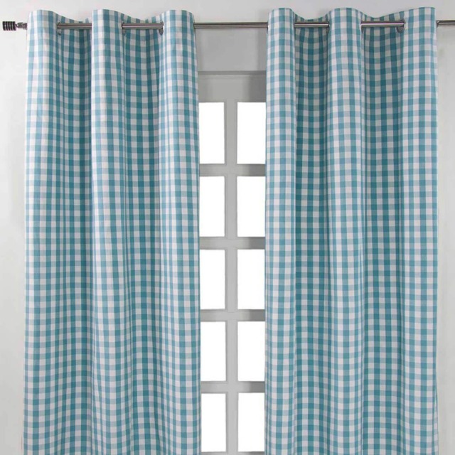 Homescapes Cotton Block Check Gingham Eyelet Curtains - 137 x 182 cm Blue Blue