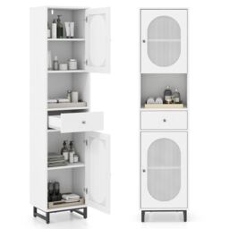 COSTWAY 170cm Tall Bathroom Cabinet PE Rattan Floor Cabinet w/ 2 Doors-White