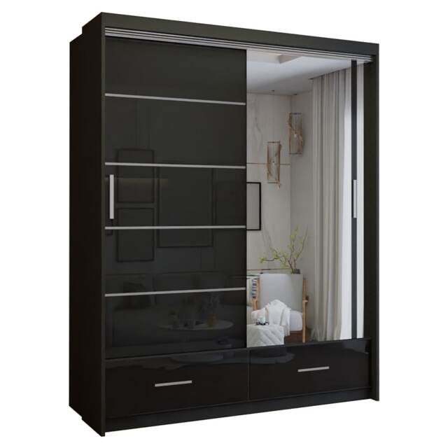 Spacious High Gloss Contemporary Wardrobe with Mirrored Sliding Doors and Drawers - Black 150cm