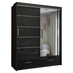 Spacious High Gloss Contemporary Wardrobe with Mirrored Sliding Doors and Drawers - Black 150cm