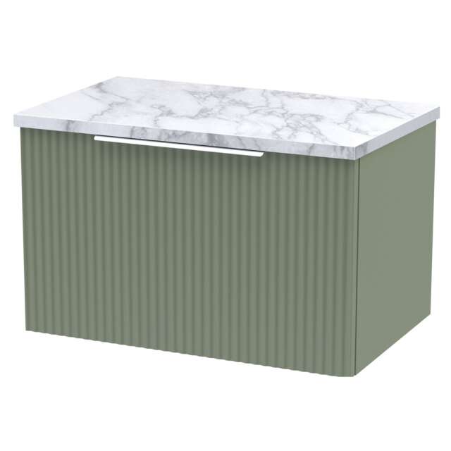 Balterley Tixall Fluted 1 Drawer Wall Hung Vanity Unit with Laminate Worktop, Satin Green, 600mm