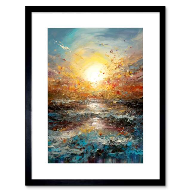 "Sunrise at Sea Abstract Seascape Splatter 9x7"" Black Framed Wall Art Print"
