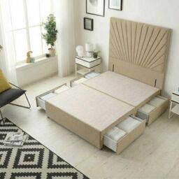 Sunburst Divan Bed with 4 Drawers & 54'' Floor Standing Headboard Linen Fabric Brown Wheat