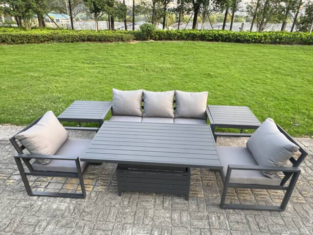 Fimous 6-Piece Aluminium Garden Furniture Sets 5 Seater Outdoor Sofa Set with Adjustable Rising Lifting Dining Table 2 Chairs 2 Side Tables