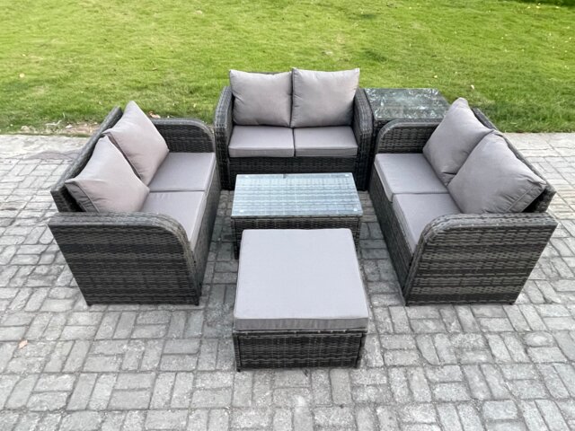 Fimous Outdoor Garden Furniture Sets 7 Seater Wicker Rattan Furniture Sofa Sets with Rectangular Coffee Table Love Sofa Big Footstool Side Table Dark Grey Mixed