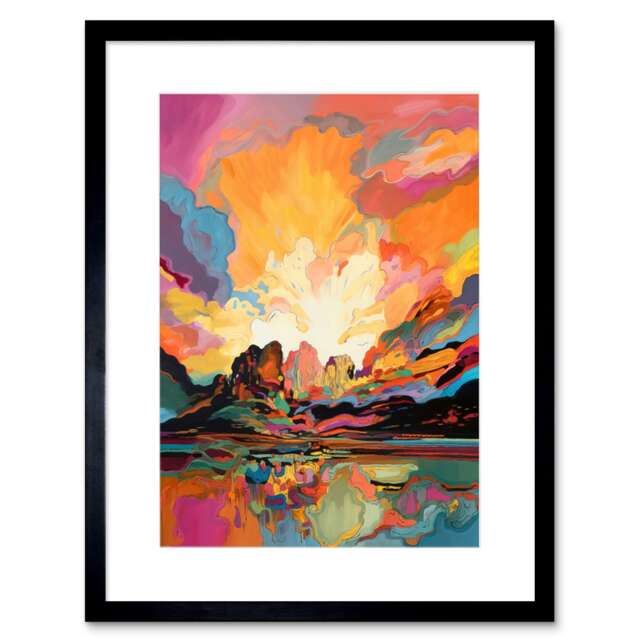 "Atmospheric Sunset Clouds Vibrant Colour Lakescape Modern 9x7"" Black Framed Wall Art Print"