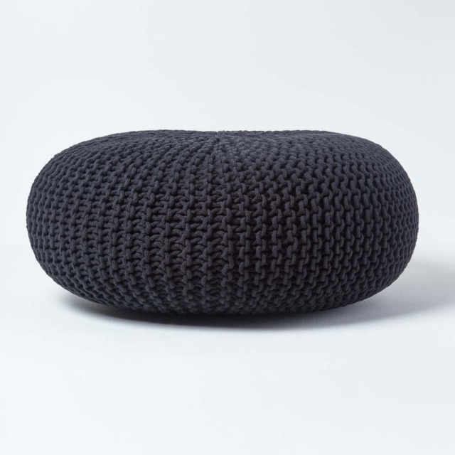 Homescapes Black Large Round Cotton Knitted Pouffe Footstool Black 70 x 23 cm