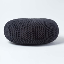 Homescapes Black Large Round Cotton Knitted Pouffe Footstool Black 70 x 23 cm