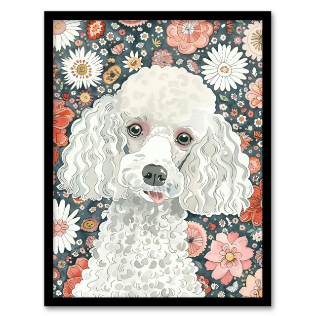 Quirky Poodle Dog Lover Floral Pet Portrait Black Framed Wall Art Print A4