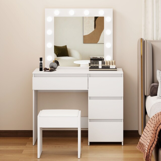 Levede Dressing Table Vanity Set Stool Makeup LEDs Mirror Jewellery Organizer White